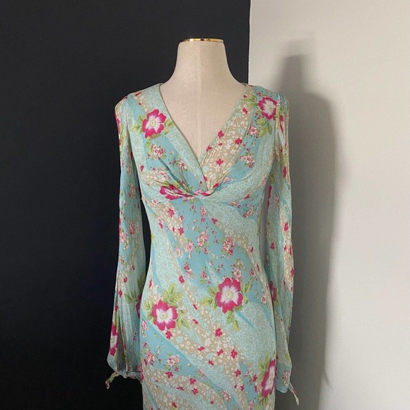 Carrie Hutton Y2K V-Neck Floral Flowy Midi Dress Cut Out Sleeves - Picture 1 of 15